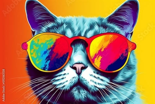 Cool Cat in Colorful Pop Art Background, Generative AI