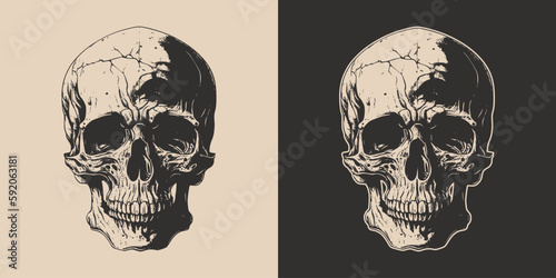 Set of vintage retro scary skull. Can be used like emblem, logo, badge, label. mark, poster or print. Monochrome Graphic Art. Vector. Hand drawn element in engraving