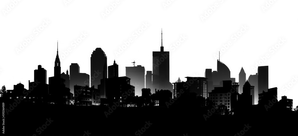 Grayscale city silhouette on pure white background. Generative AI