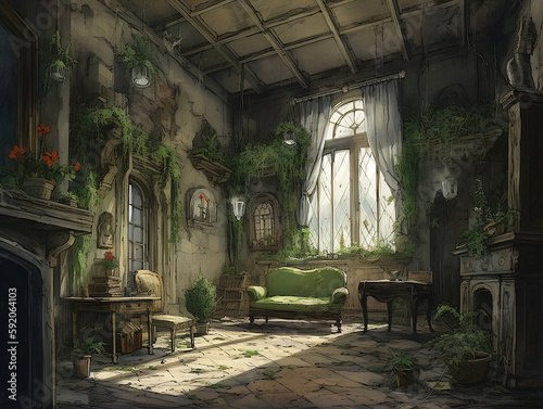 ABANDONED LIVING ROOM A HOUSE RECLAIMED BY NATURE DIGITAL ART