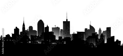 Grayscale city silhouette on pure white background. Generative AI