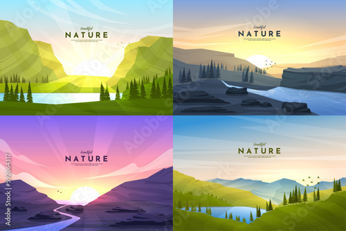 Vector illustration. Background set. Cartoon flat design. 4 landscapes collection. Tourism concept. Sunlight by hills, water stream by rocks, evening scene by sea, forest trees in meadow hills