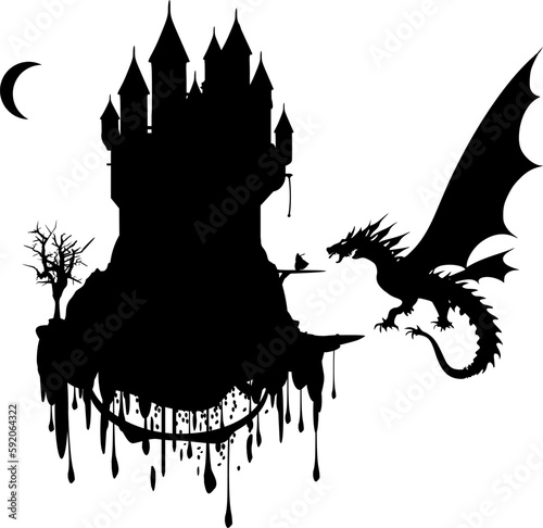Silhouette: Schwebende Burg mit Magierin und fliegendem Drachen mit mächtigen Flügeln