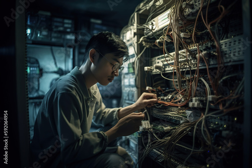 An IT professional troubleshooting a complex network issue and solving problem, showcasing their skill, focus, and expertise, set against the backdrop of a server room. Generative AI
