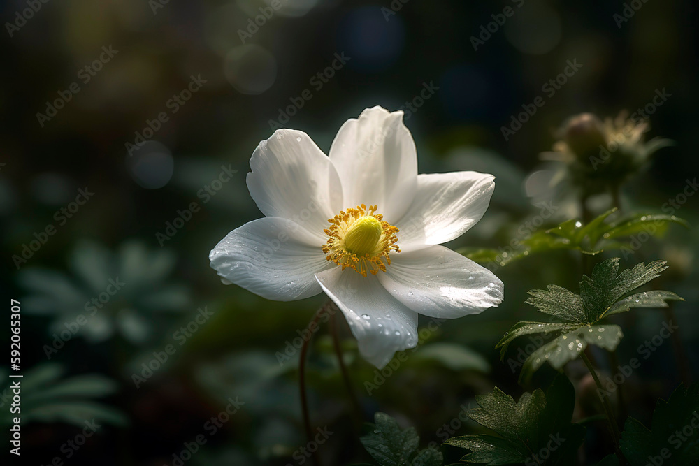Close-up of a delicate, white anemone flower, its soft petals surrounding a golden center, set against a blurred background of rich green foliage. Close-up of a delicate, white anemone flower, its soft petals surrounding a golden center, set against a blurred background of rich green foliage.
