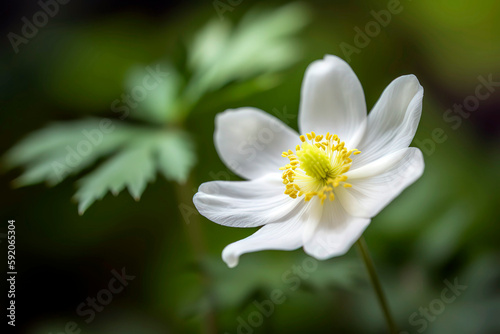 Close-up of a delicate  white anemone flower  its soft petals surrounding a golden center  set against a blurred background of rich green foliage.