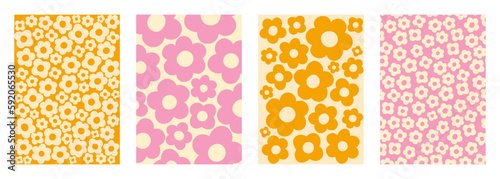 Groovy hippie 1970s background. Daisy flowers vector cover