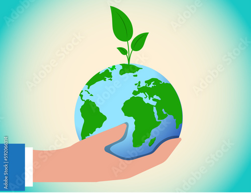 businessman's hand holding up the world with a plant. environmental care concept