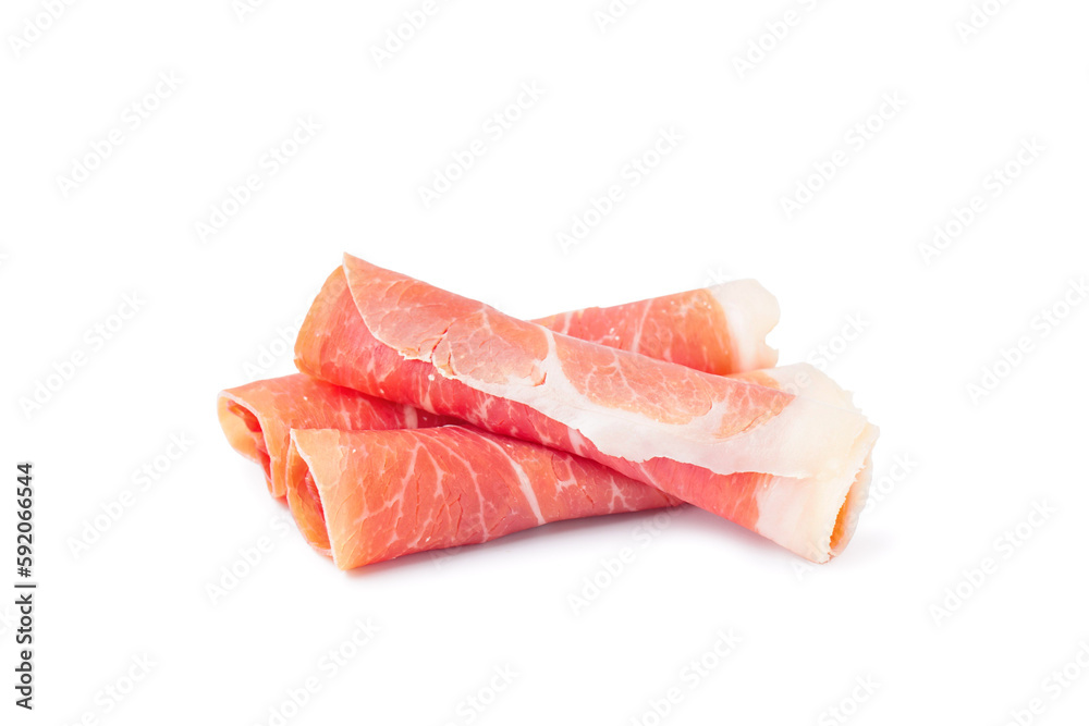 Tasty jamon slices on white background