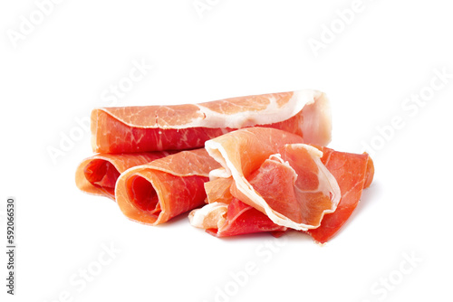 Tasty jamon slices on white background