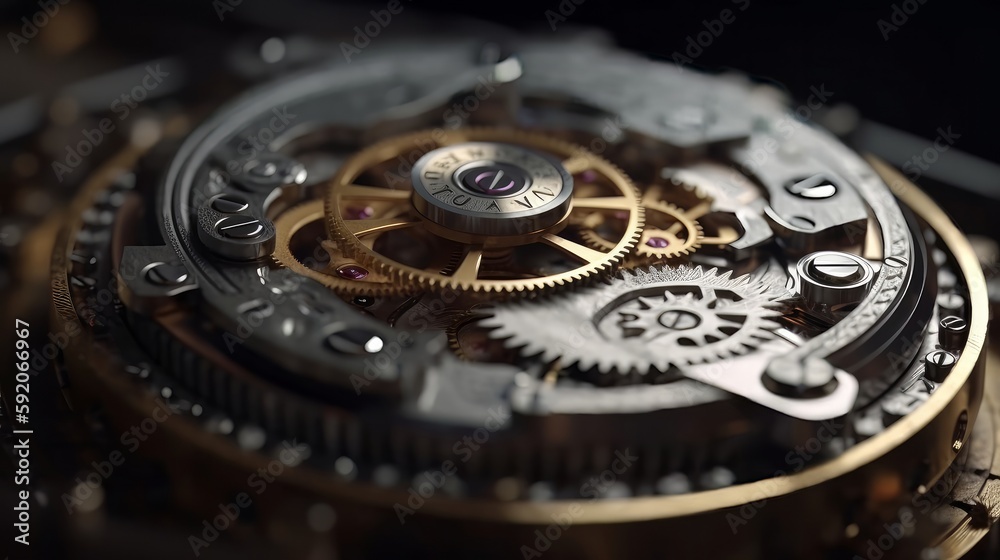 Detailed view of minuscule gear wheels inside a wristwatch, showcasing precision engineering and craftsmanship, generative ai