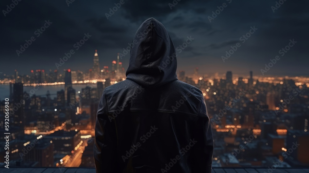 A hacker in a hooded jacket standing in front of a cityscape. Generative Ai A hacker in a hooded jacket standing in front of a cityscape. Generative Ai
