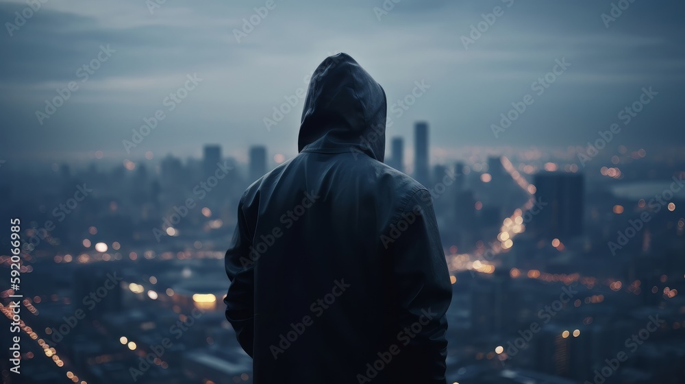A hacker in a hooded jacket standing in front of a cityscape. Generative Ai A hacker in a hooded jacket standing in front of a cityscape. Generative Ai
