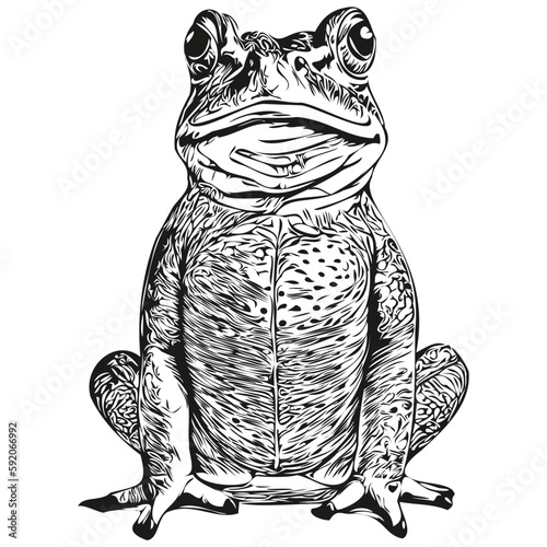 frog  vintage illustration, black and white vector art toad photo