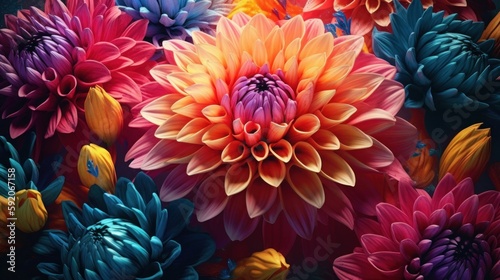 Colorful floral design with exotic flowers and tropical leaves background. Generative ai