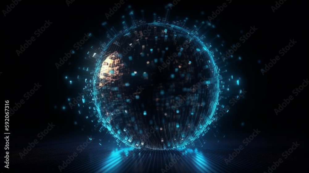 Obraz premium Abstract round blue sphere light bright glowing from rays of energy and magic waves from particles and dots. Generative ai