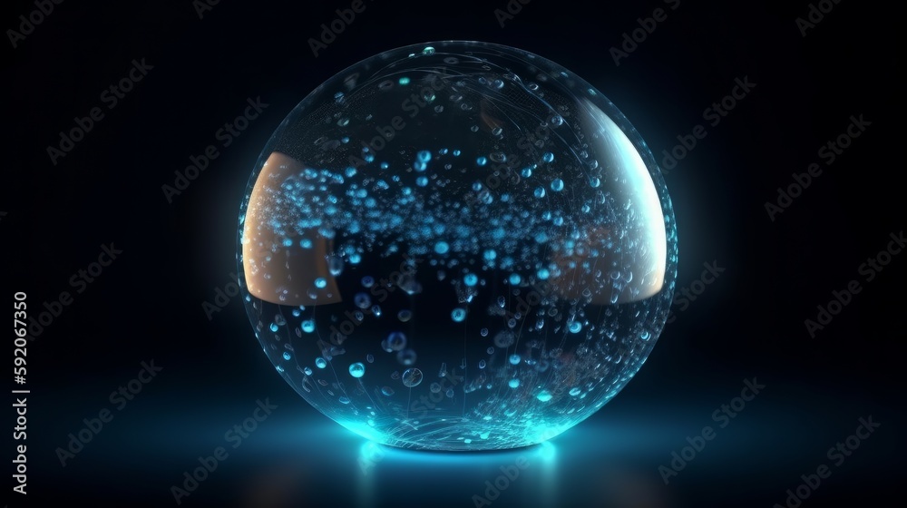 Abstract round blue sphere light bright glowing from rays of energy and magic waves from particles and dots. Generative ai