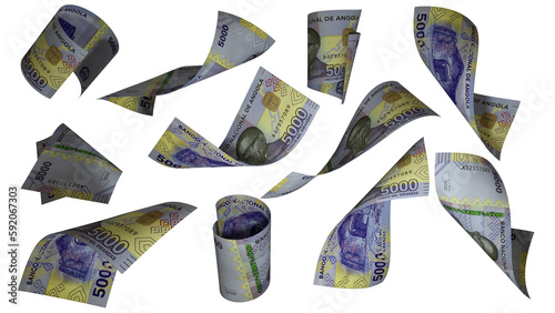 3D rendering of Angolan Kwanza notes flying in different angles and orientations isolated on transparent background