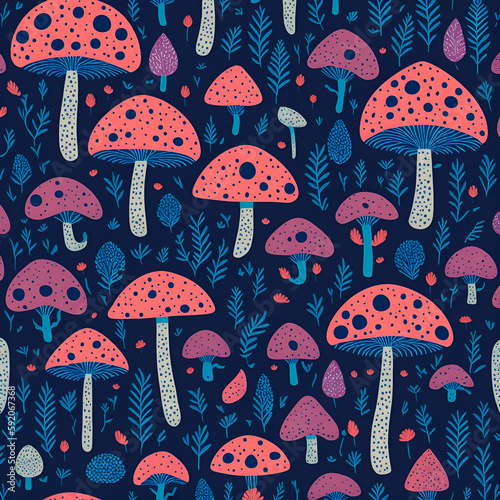 A beautiful fairy tale colorful mushrooms pattern on a black background, created by Generative AI