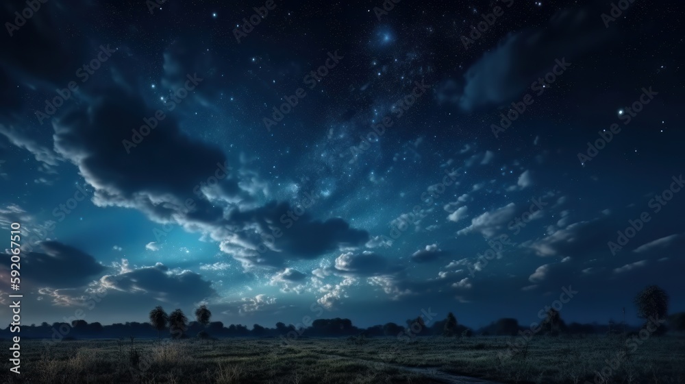 Dark blue sky after sunset with beautiful awesome sky with moon and milky way. Generative ai