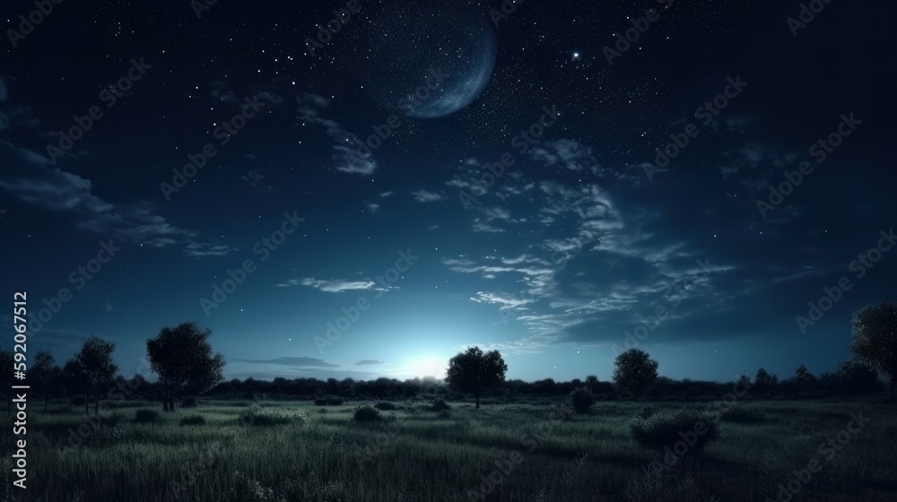 Dark blue sky after sunset with beautiful awesome sky with moon and milky way. Generative ai Dark blue sky after sunset with beautiful awesome sky with moon and milky way. Generative ai