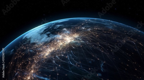 Image of the planet Earth in space experimental fiber - optic communications and Internet communications. Generative ai