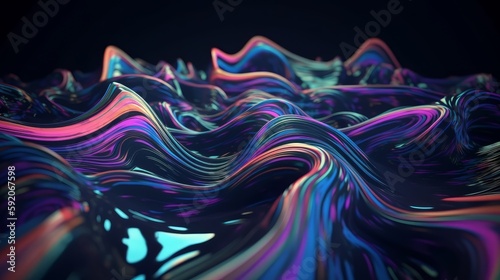 Abstract fluid iridescent holographic neon curved wave in motion colorful background 3d render. Generative AI