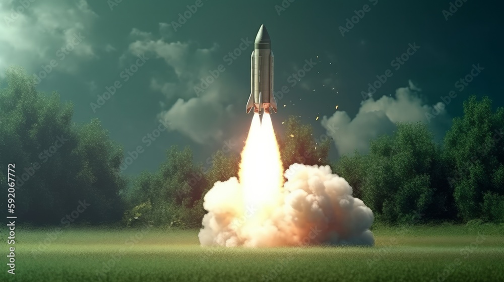 Naklejka premium Rocket taking off isolated on green background. Generative ai
