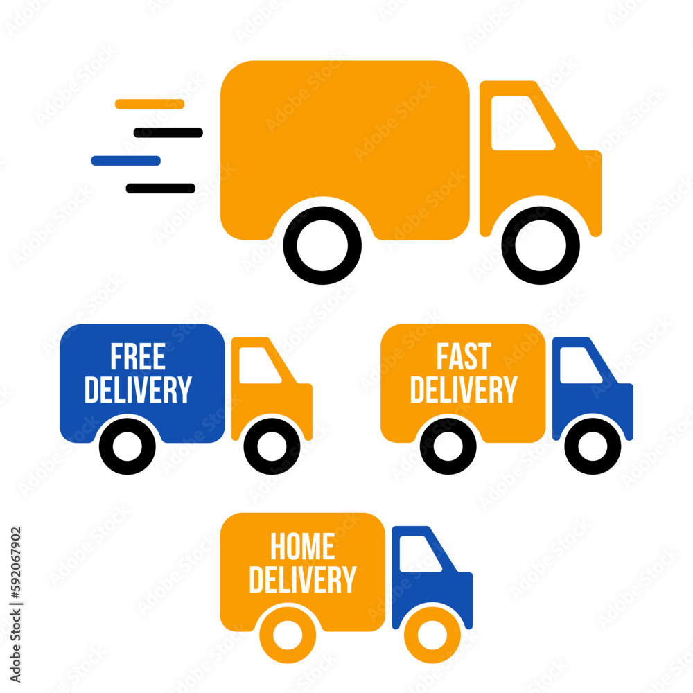 Set of delivery icons. Fast delivery, free delivery, home delivery trucks. Vector illustration set Set of delivery icons. Fast delivery, free delivery, home delivery trucks. Vector illustration set