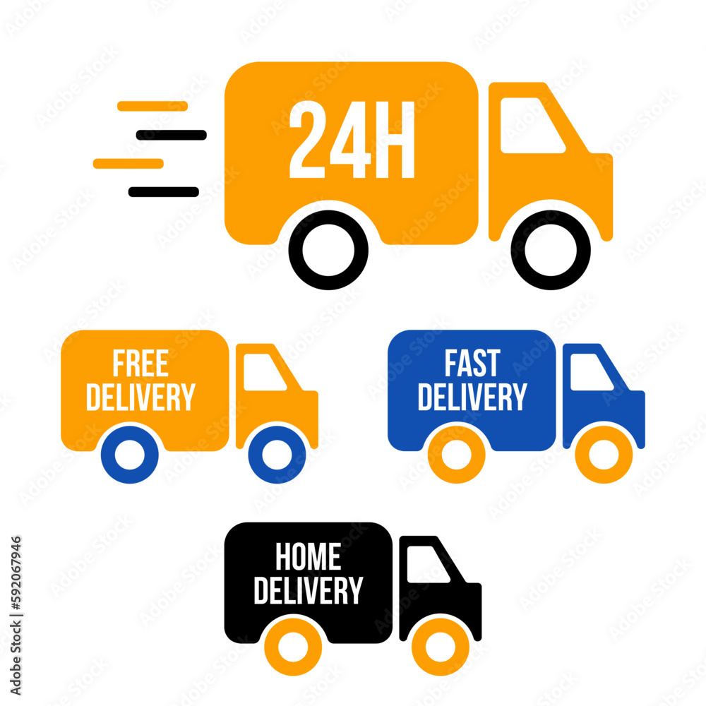 Set of delivery icons. Fast delivery, free delivery, 24 hours, home delivery trucks. Vector illustration set