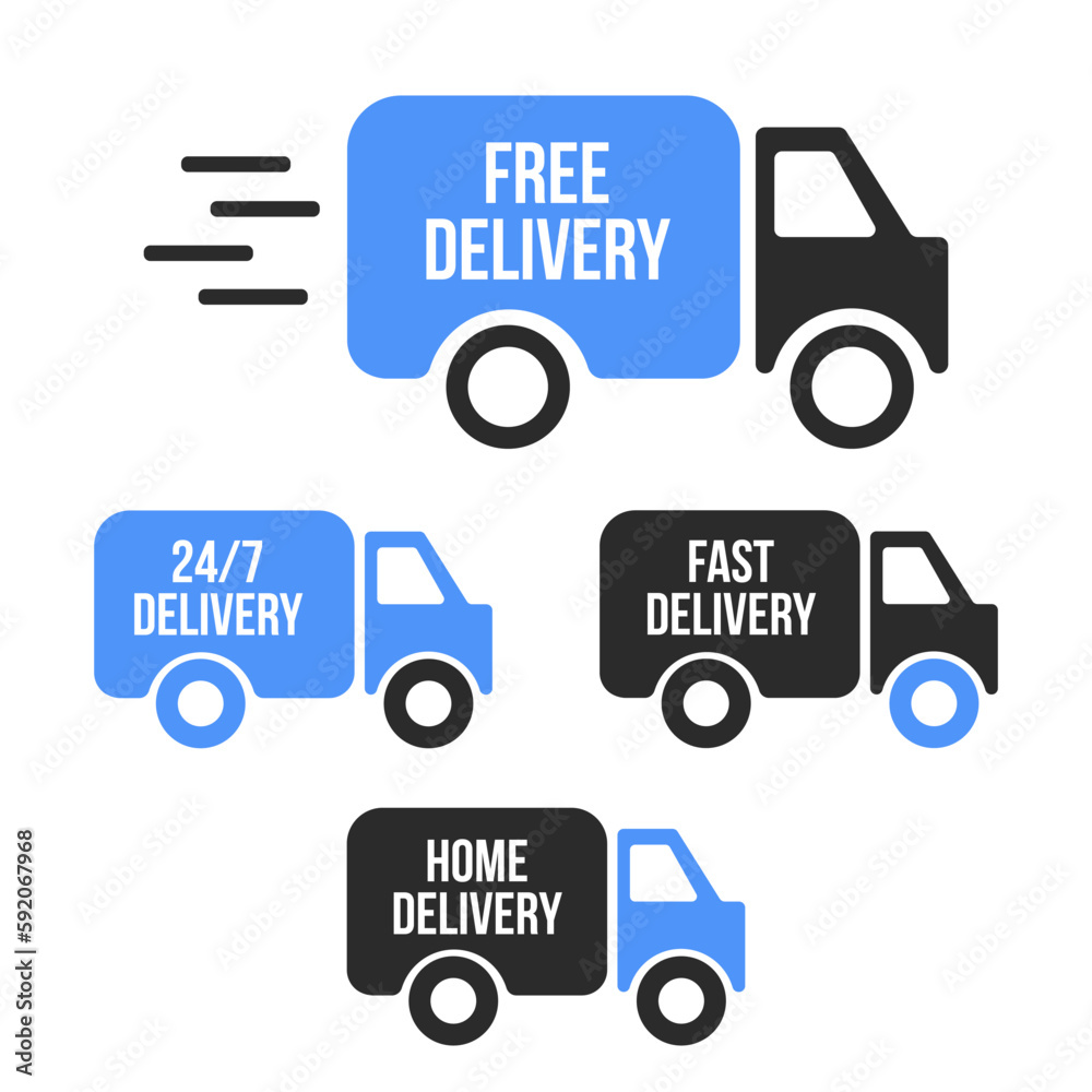Set of delivery icons. Fast delivery, free delivery, 24/7 delivery, home delivery trucks. Vector illustration set