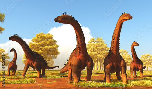 Alamosaurus Dinosaur Herd - A herd of Titanosaurs called Alamosaurus dinosaurs forage among forest trees. © Catmando