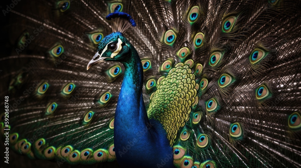 Fototapeta premium Close up portrait of peacock. Gen AI