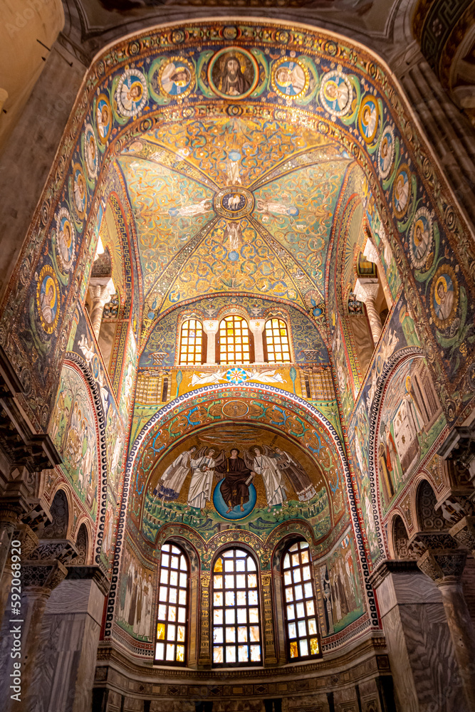 The Basilica of San Vitale is a late antique church in Ravenna, Italy. The sixth-century church is an important surviving example of early Christian Byzantine art and architecture.