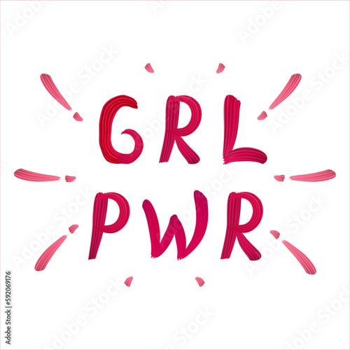 PWR GRL - inscription handwritten with bright pink font. The strength of a girl. Power girl. Red color vector phrase  isolated on white background. Feminist slogan for posters, bag, t-shirt, cards.