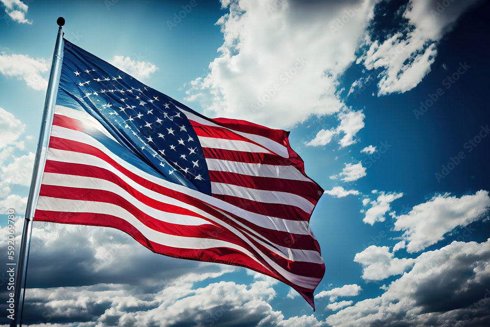Obraz premium The national flag of the United states on blue sky with clouds. Happy Labor Day. Generative Ai