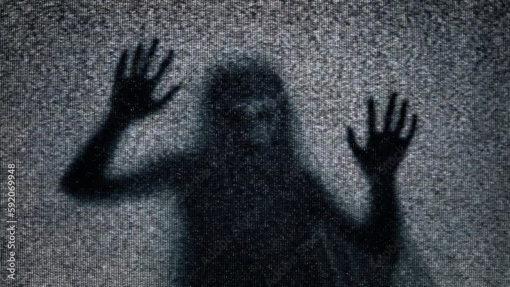 The eerie silhouette of a veiled ghost trapped inside an old retro analog television, trying to break the screen, struggling to escape, mixed with static noise.
