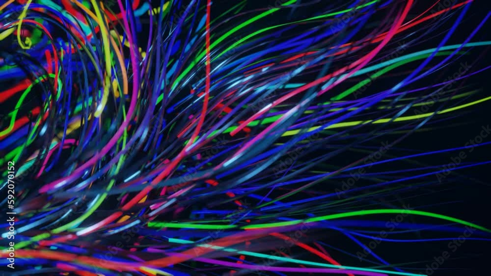 live curls underwater like fur, multi-colored threads or hair. Mist and DOF bokeh effects. Mysterious background with live curved lines, close-up. 4k seamless looped bg. Volumetric lights.