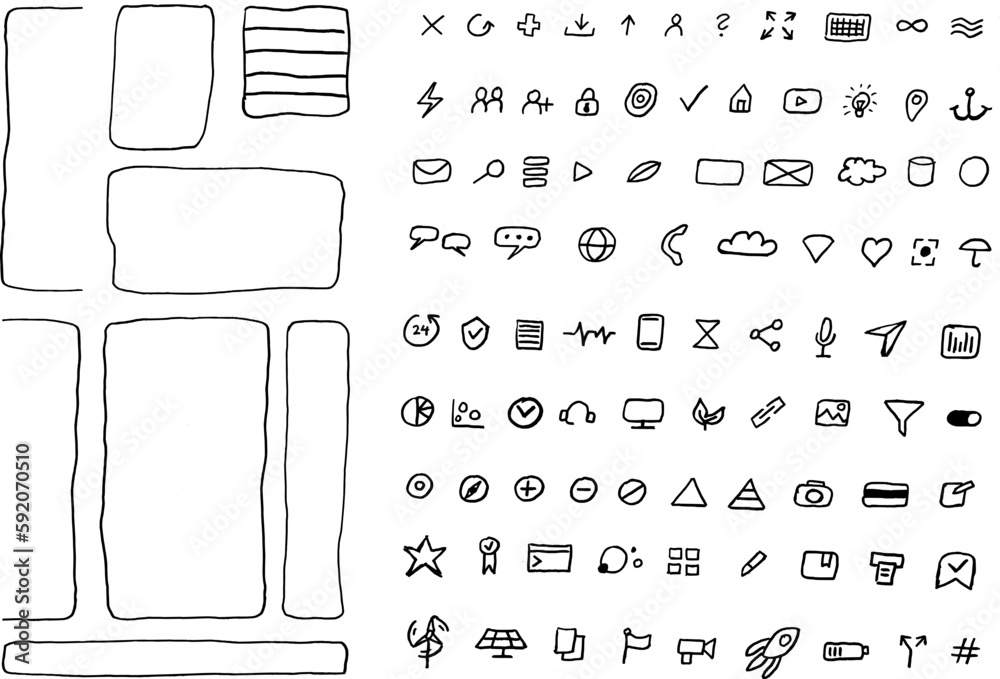 Icon und Wireframe Set: Handgezeichnete Icons für Business, Web, Online - Website