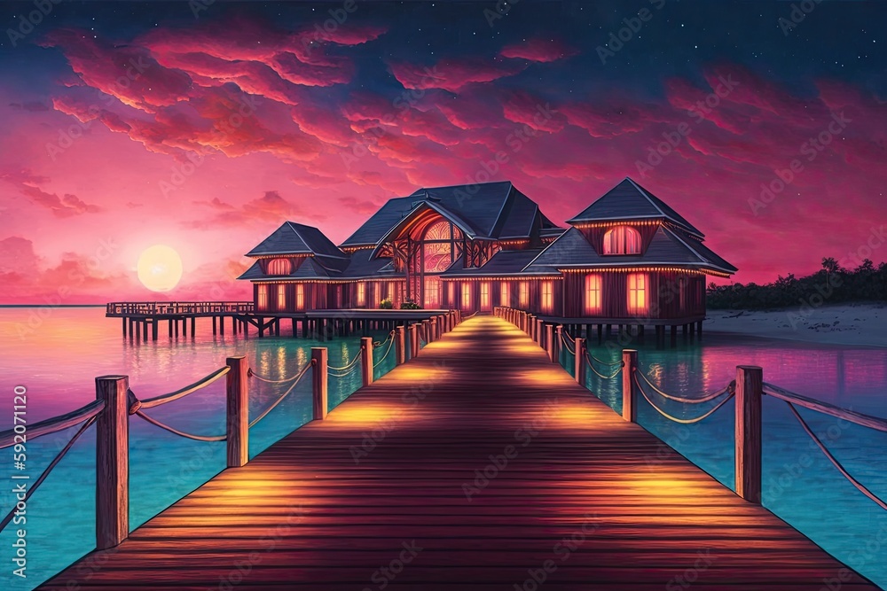 house on a pier at night, illuminated by soft yellow lights. Generative AI