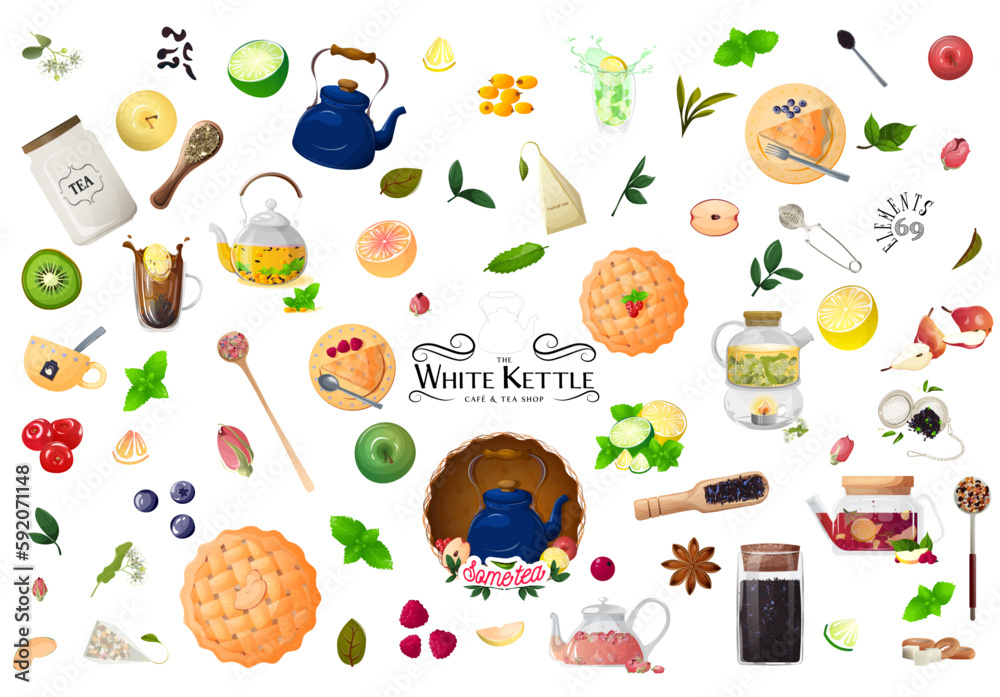 Set of the Hand-drawn vector images of natural fruit and herbal teas, fruits and berries, cups and teapots with tea. Icons for website design on a white background, prints for printing and stickers