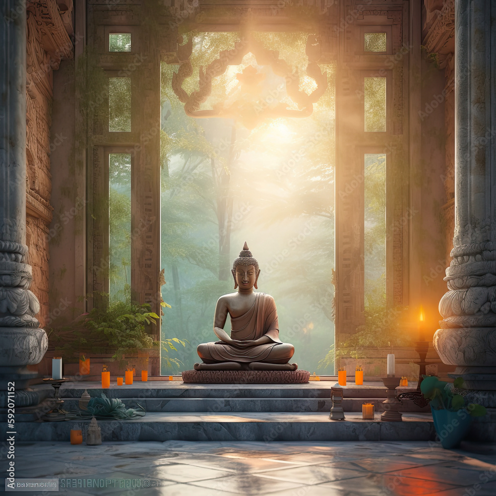 Buddha in a Lotus Pose at a Vibrant Temple