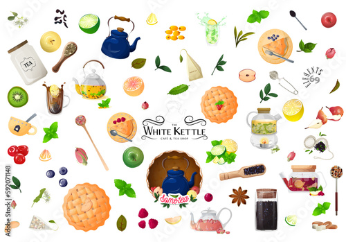 Set of the Hand-drawn vector images of natural fruit and herbal teas, fruits and berries, cups and teapots with tea. Icons for website design on a white background, prints for printing and stickers