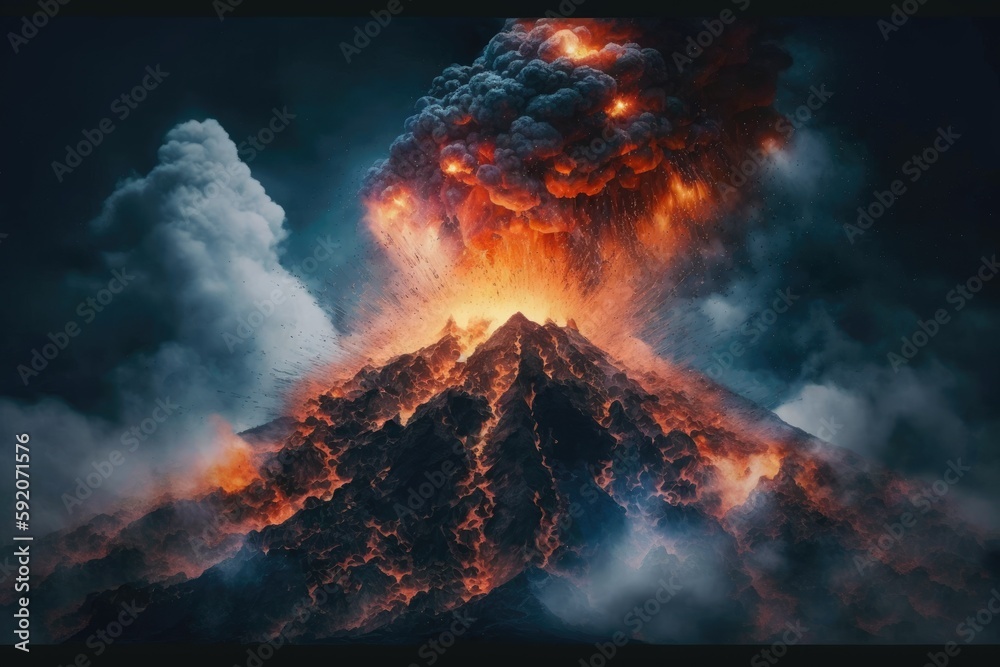 volcanic eruption with smoke and steam rising into the sky. Generative AI volcanic eruption with smoke and steam rising into the sky. Generative AI