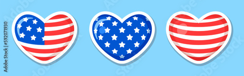 Heart shaped national flag of The United States of America. Stickers isolated on blue background. I love Amerika vector sign with stars and stripes. Sticker for the 4th of July Independence Day USA.