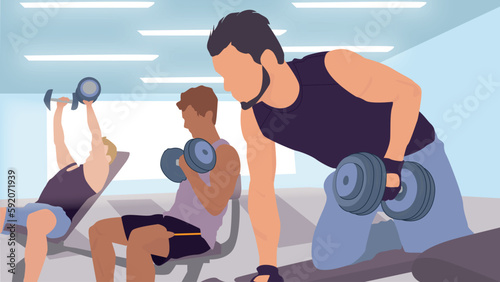 ILUSTRACIÓN VECTORIZADA DE HOMBRES HACIENDO EJERCICIO LEVANTANDO PESAS EN EL GIMNASIO photo