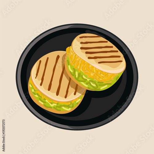 Arepa Sifrina. Traditional Colombian cuisine. Arepas with cheese and avocado. Vector food illustration. Latin American food on a black plate. White isolated background. photo