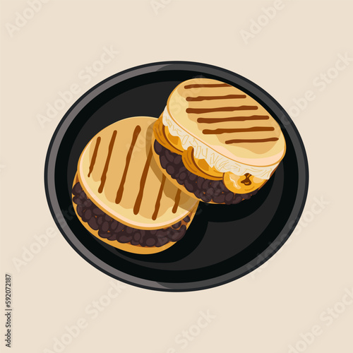 Arepas Pabellón. Traditional Colombian cuisine. Arepas with black beans, fried plantains, and white cheeses. Vector food illustration. Latin American food on a black plate. White isolated background. photo