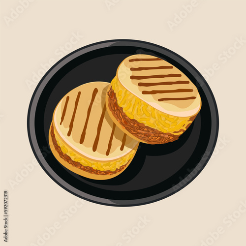 Arepa Catira with chicken and cheese. Traditional Colombian cuisine. Arepas with popular fillings. Vector food illustration. Latin American food on a black plate. White isolated background. photo