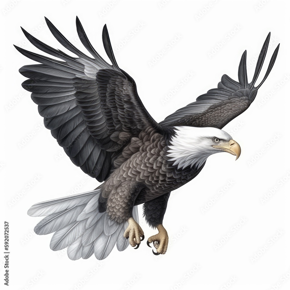 Obraz premium Majestic American Eagle Soaring through White Skies, Generative AI